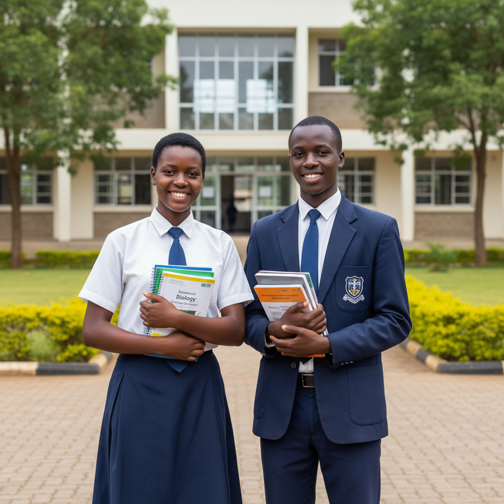 Two Kenyan senior secondary school students, one male and one female, wearing white shirts, blue ties and school uniforms, smiling and holding books in front of a modern Kenyan school